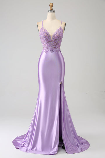 Elegante sirena Spaghetti Straps Lilla Abito da ballo lungo con fessura appliques